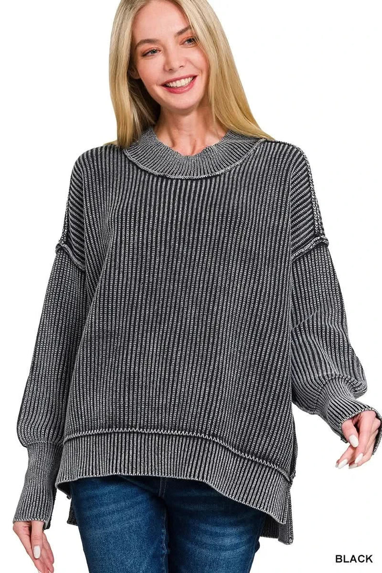 Zenana Washed Side Slit Oversized Sweater - SwagglyLife Home & Fashion